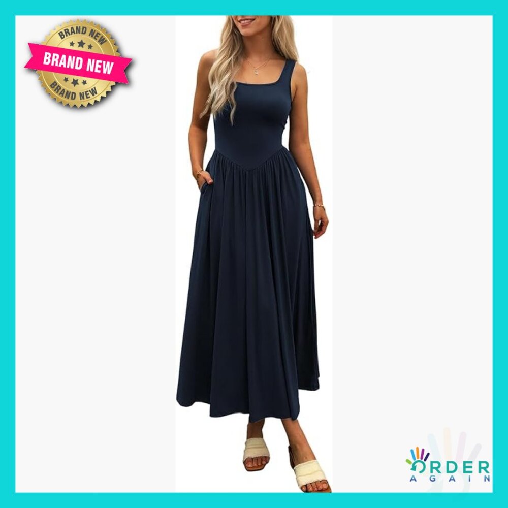 Sleeveless Square Neck Maxi Dress Flowy Patchwork Knit Casual Beach Sundress
